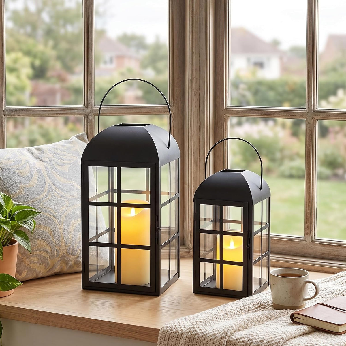 Candle Lanterns Set of 2 Black Vintage Metal Glass 35cm 27cm Outdoor TRIROCKS