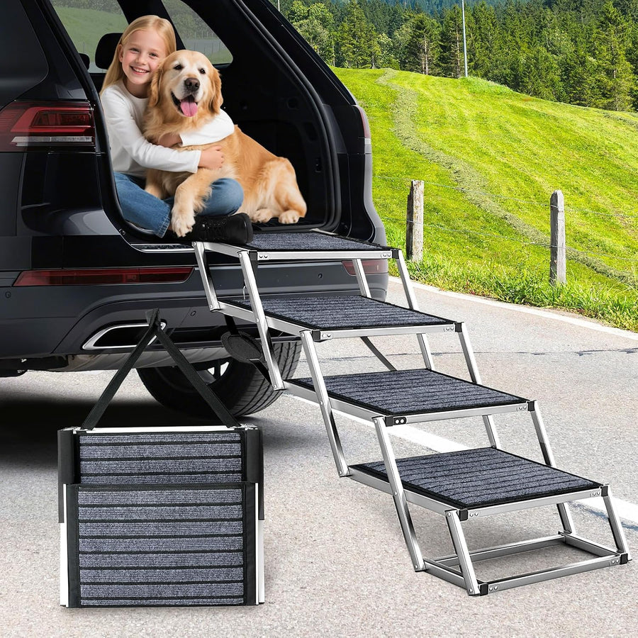 Dog Stairs for Cars 4 Steps 48.2cm Extra Wide Non Slip Carpet Large Dogs SUV Ramp