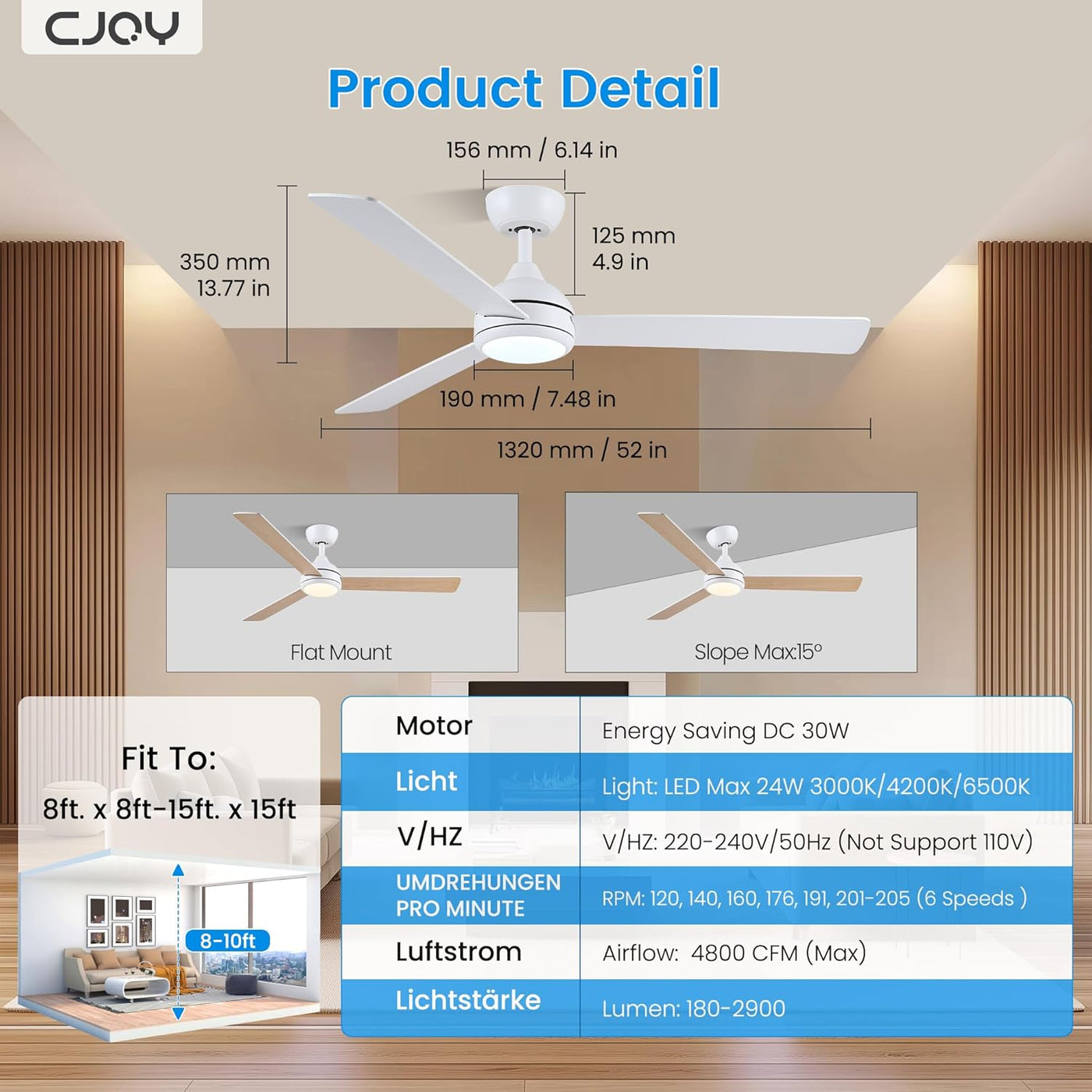 Ceiling fan with dimensions and product details displayed in a room setting