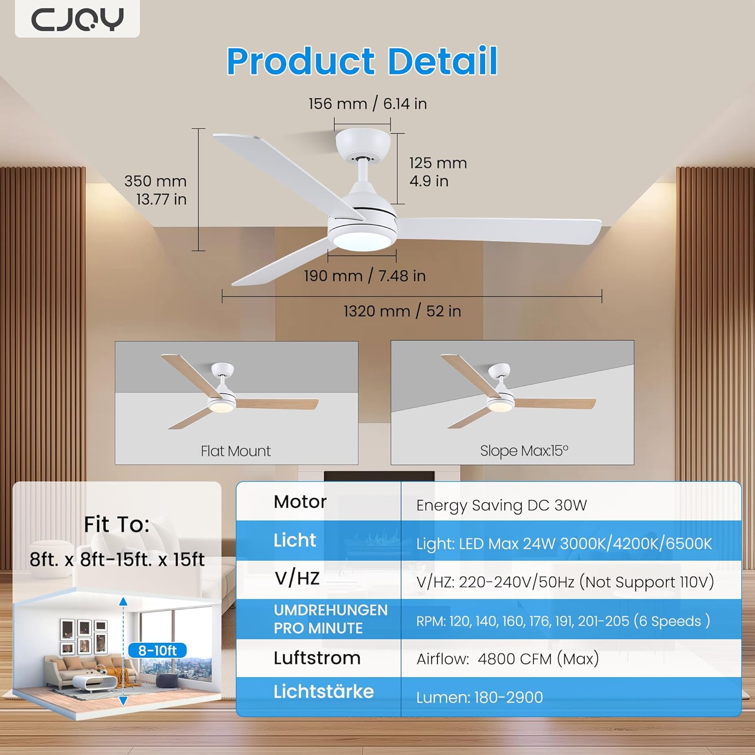 Ceiling fan with dimensions and product details displayed in a room setting
