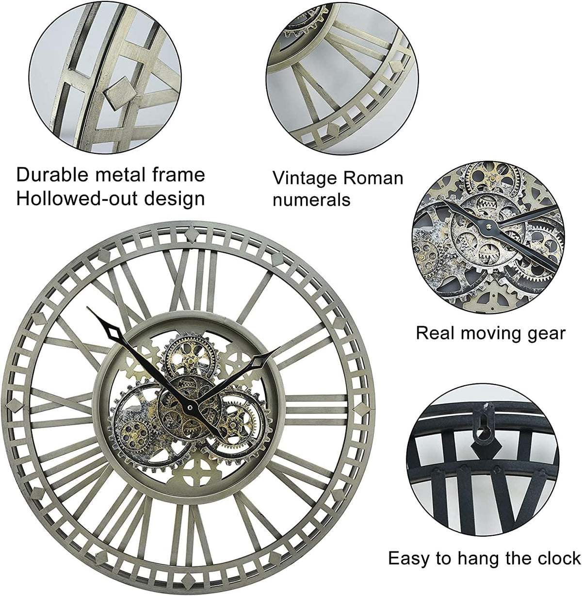 Large Wall Clock 60cm Vintage Bronze Real Moving Gears Industrial Home Decor