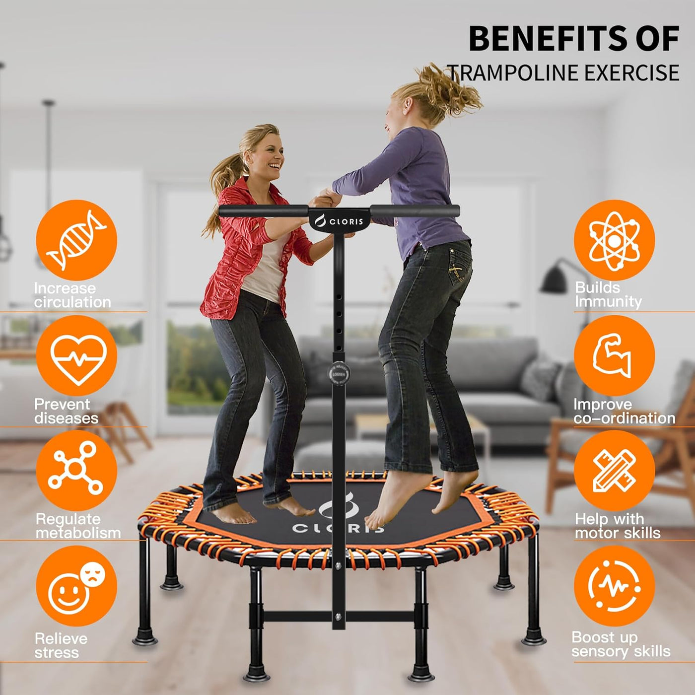 CLORIS Foldable Fitness Trampoline 48'' Rebounder w/ Adjustable Handle, 450lbs