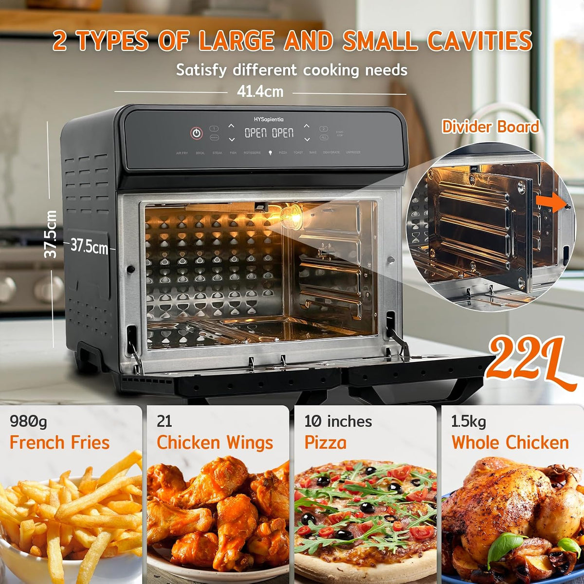 Dual Zone Air Fryer Oven 22L 2400W 10 in 1 Rotisserie Stainless HYSapientia