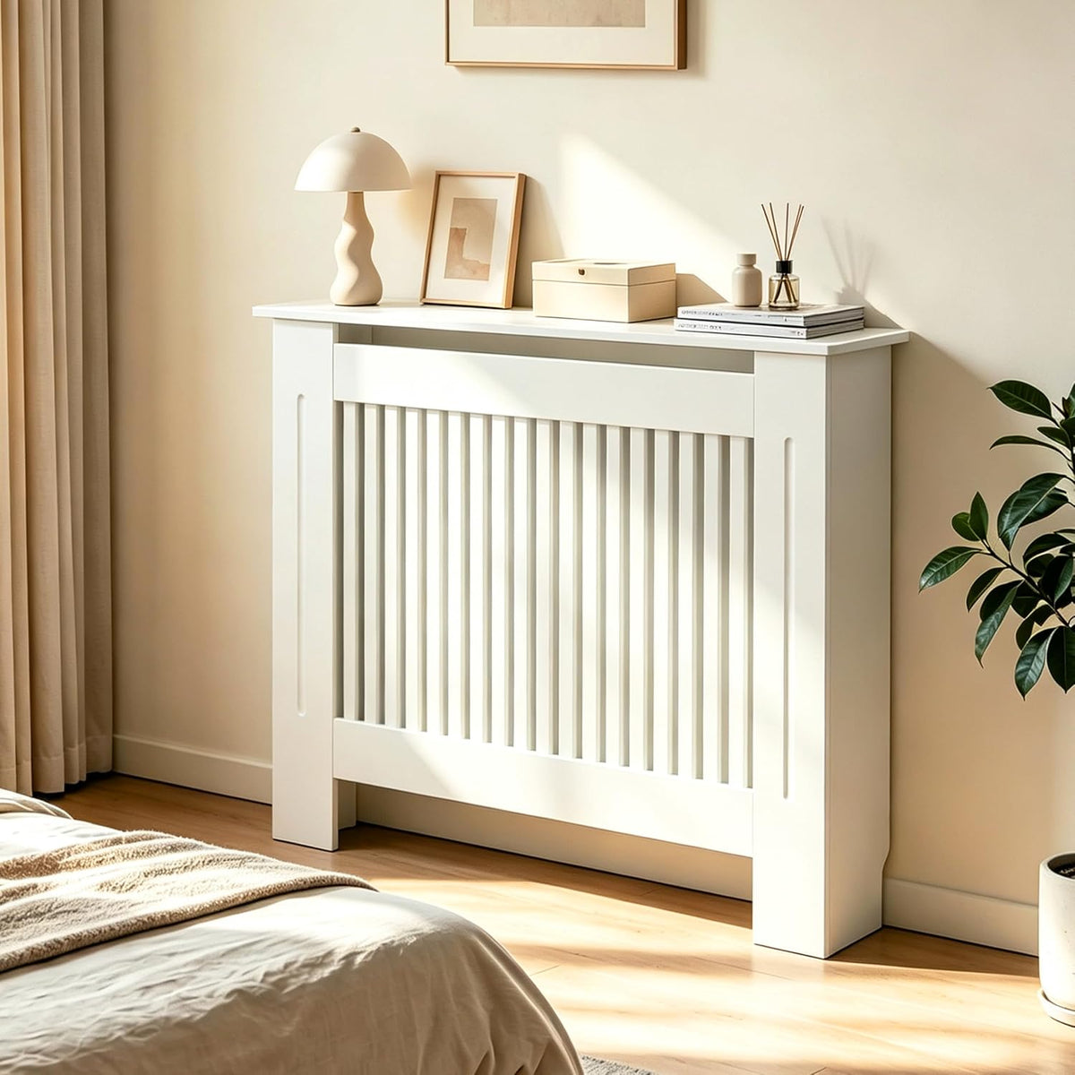Radiator Cover 100cm High Extra Tall White MDF Vertical Slat Cabinet Fativo