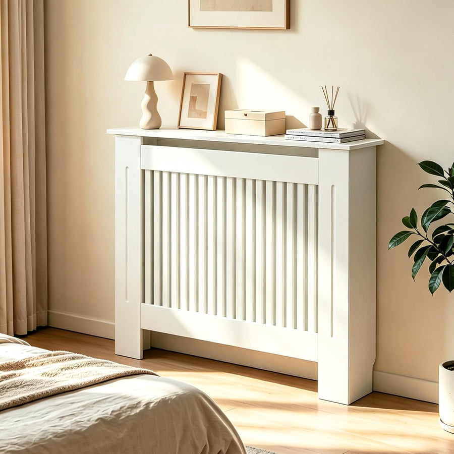 Radiator Cover 100cm High Extra Tall White MDF Vertical Slat Cabinet Fativo