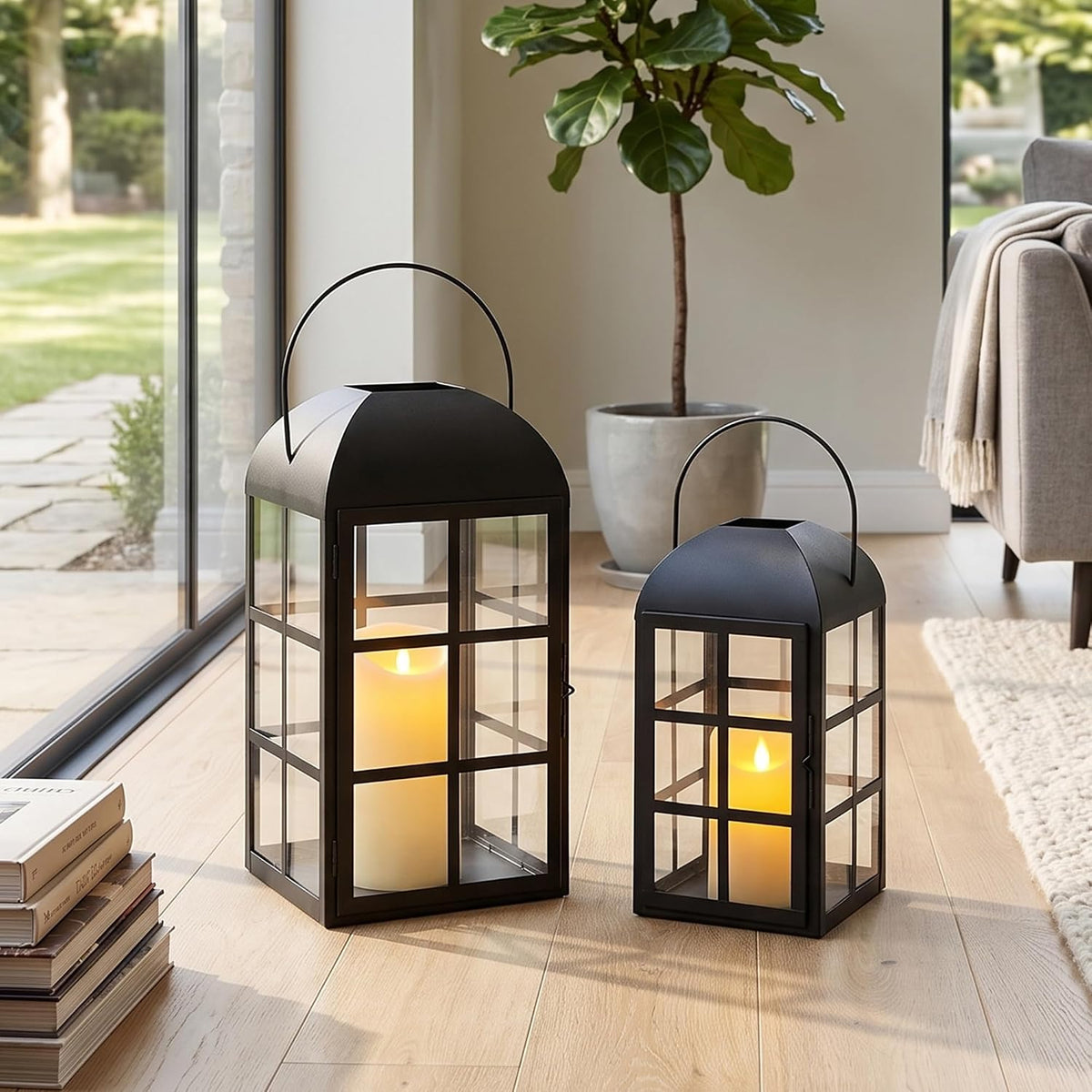 Candle Lanterns Set of 2 Black Vintage Metal Glass 35cm 27cm Outdoor TRIROCKS