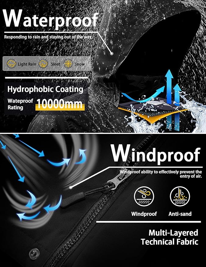 Waterproof and windproof jacket features with hydrophobic coating and multi-layered fabric.
