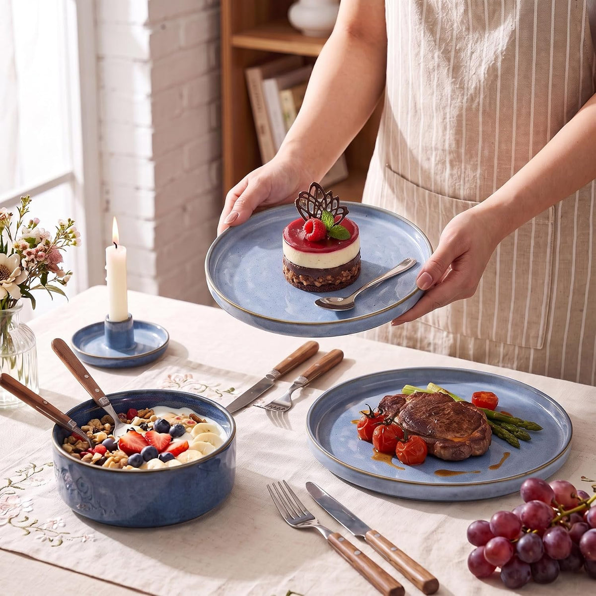 Dinner Set 18 Piece Dinnerware Plates Bowls Grayish Blue Tableware HaWare