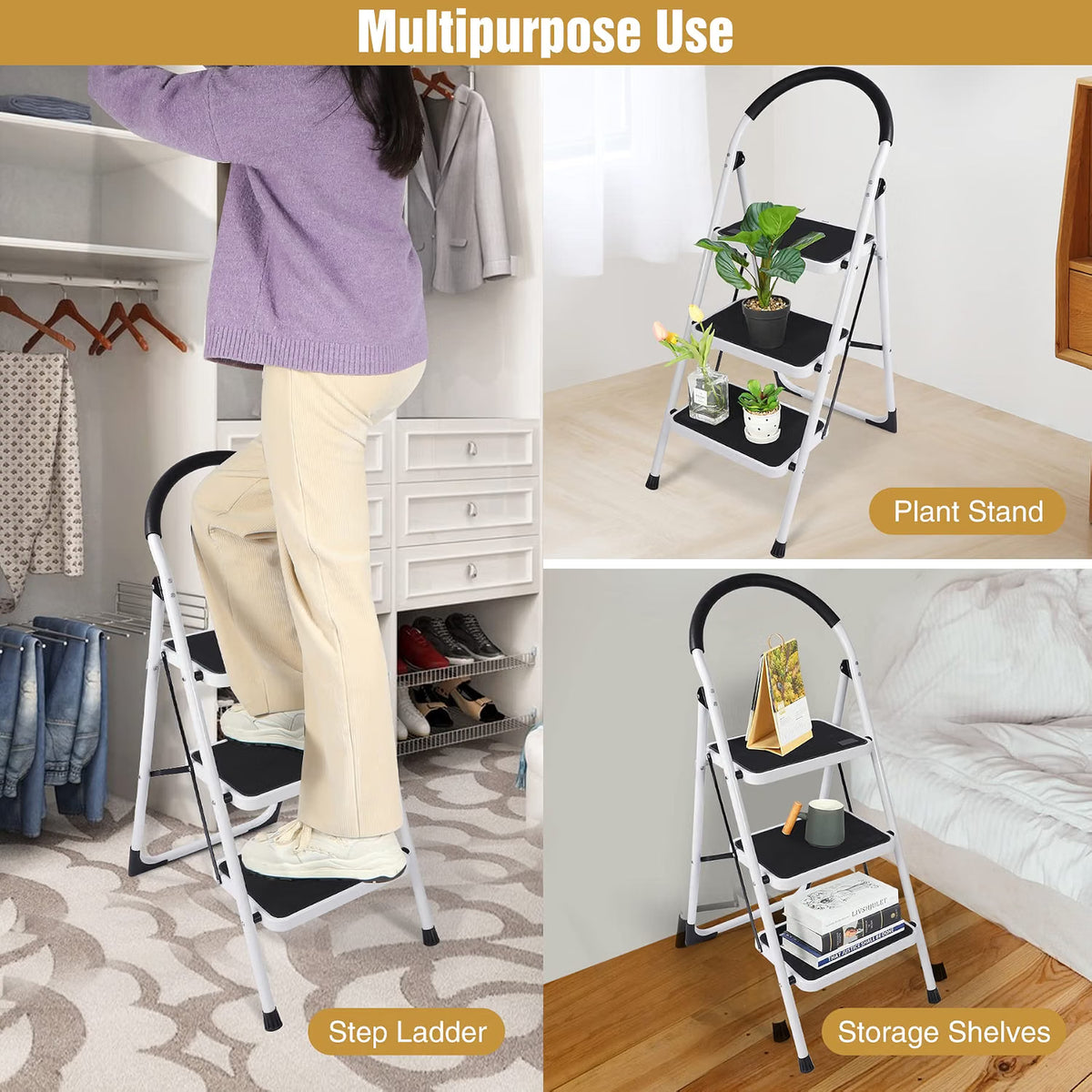 Folding 3 Step Ladder with Handrail,Heavy Duty Kitchen Steps 330lbs REDCAMP