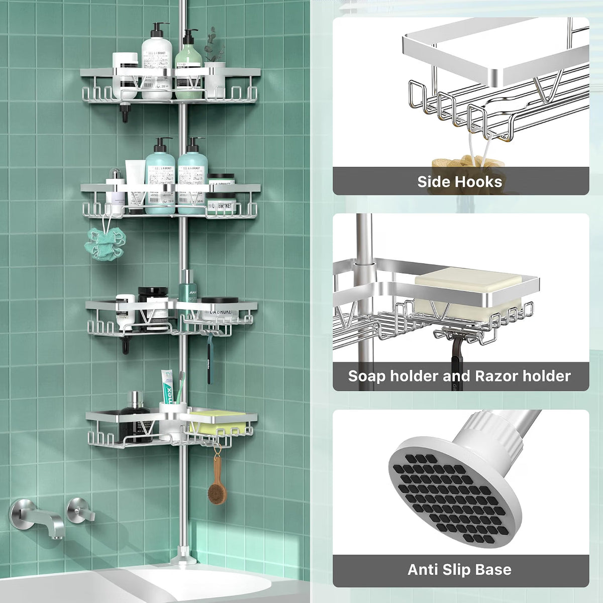 Corner Shower Caddy 25-114 Inch Telescopic 4 Basket No Drill Rustproof Silver Rack
