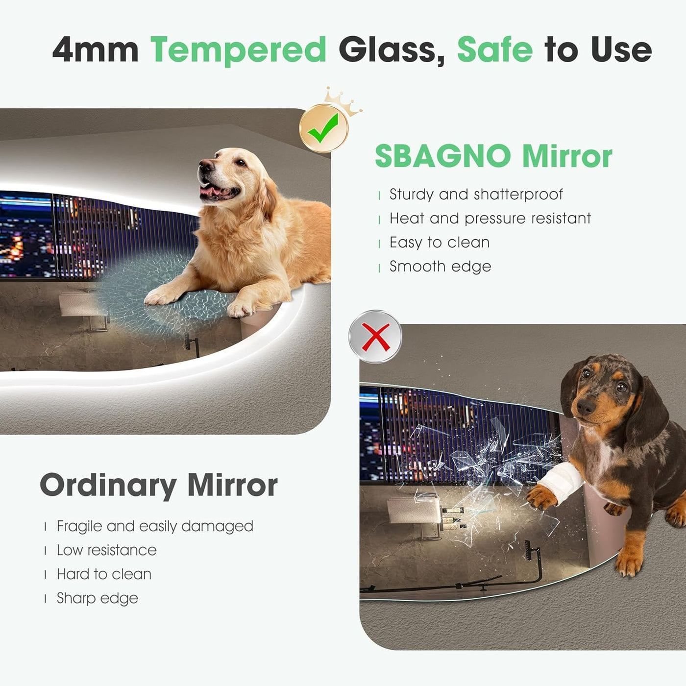 Comparison of SBAGNO mirror and ordinary mirror with a dog and a doggy on a white background.