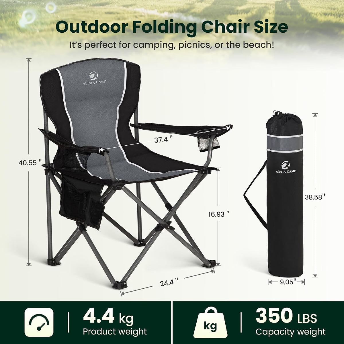 Camping Chair Heavy Duty Folding Outdoor Chair Adults Grey ALPHA CAMP Portable