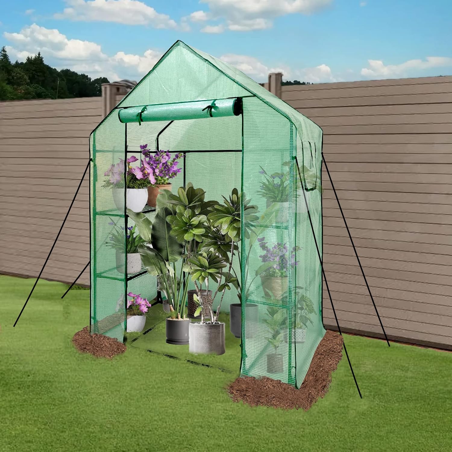 Grandhom Walk-In Greenhouse with Shelves, 3-Tier, PE Cover, 143x73x195cm, Stable