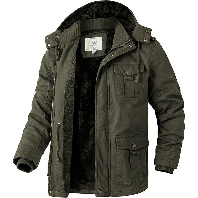 Green winter jacket with a hood on a white background