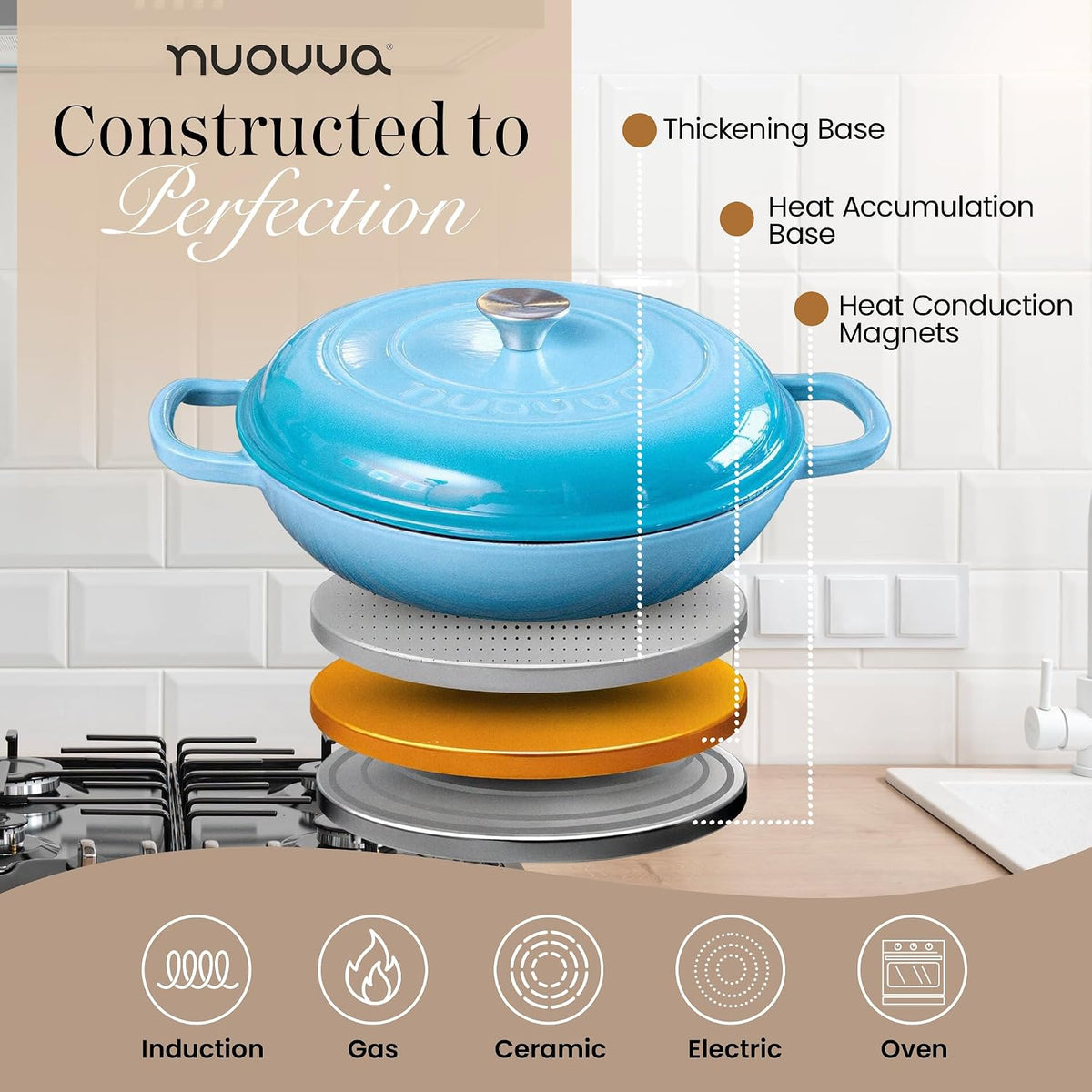 Cast Iron Casserole 4.7L 32cm Shallow Dutch Oven Enamelled Blue with Lid Nuovva