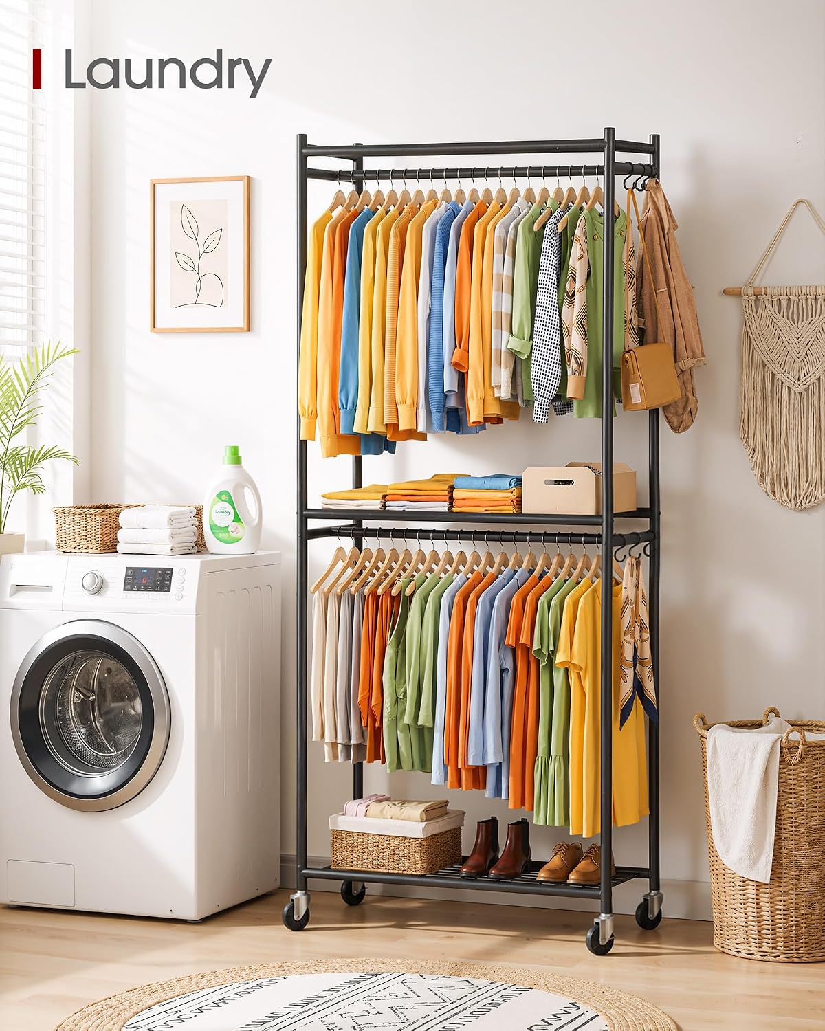 Clothing Rack 202cm Metal Garment Rail Shelves Hooks Wheels Black Sakugi Storage