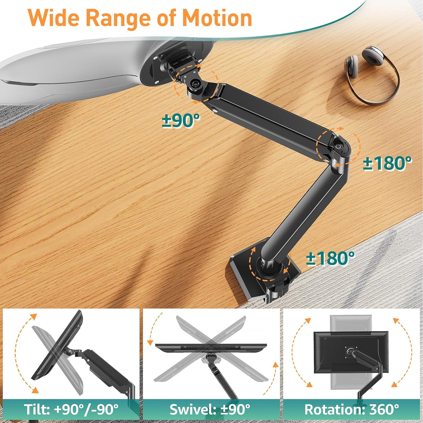 Monitor stand with wide range of motion on a wooden surface
