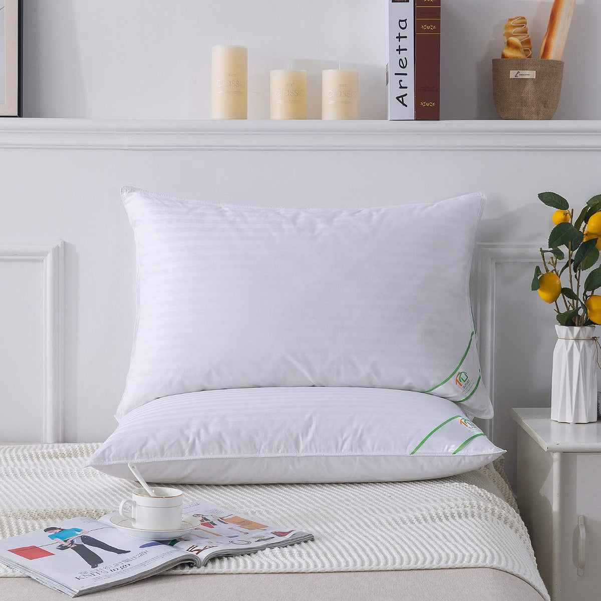 Goose Feather Down Pillows Pair Luxury 100% Cotton Cover Soft Bed Sleeping Pillow