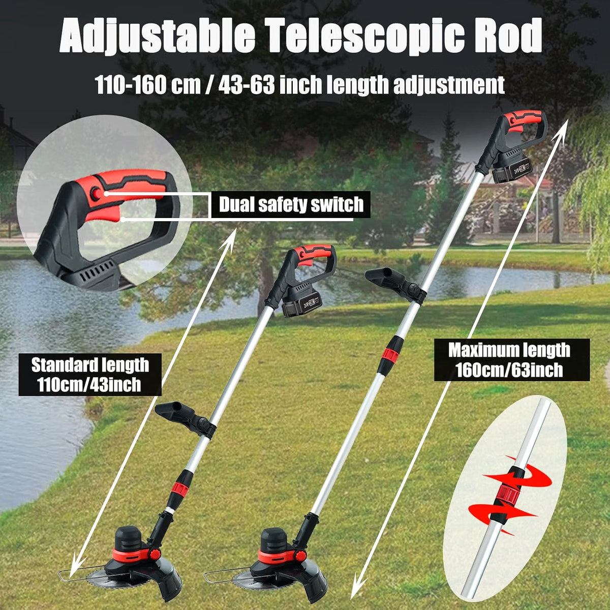 Cordless Strimmer 24V Brushless 30cm 2x4.0Ah Batteries Wheels Metal Blades Garden