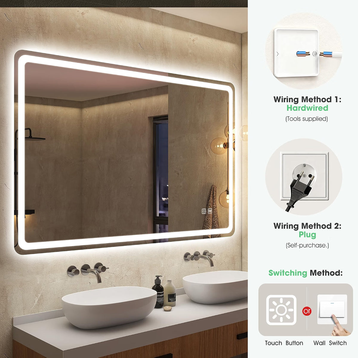 LED Bathroom Mirror 100x70cm Dimmable 3 Colour Demister IP44 S'bagno Frameless