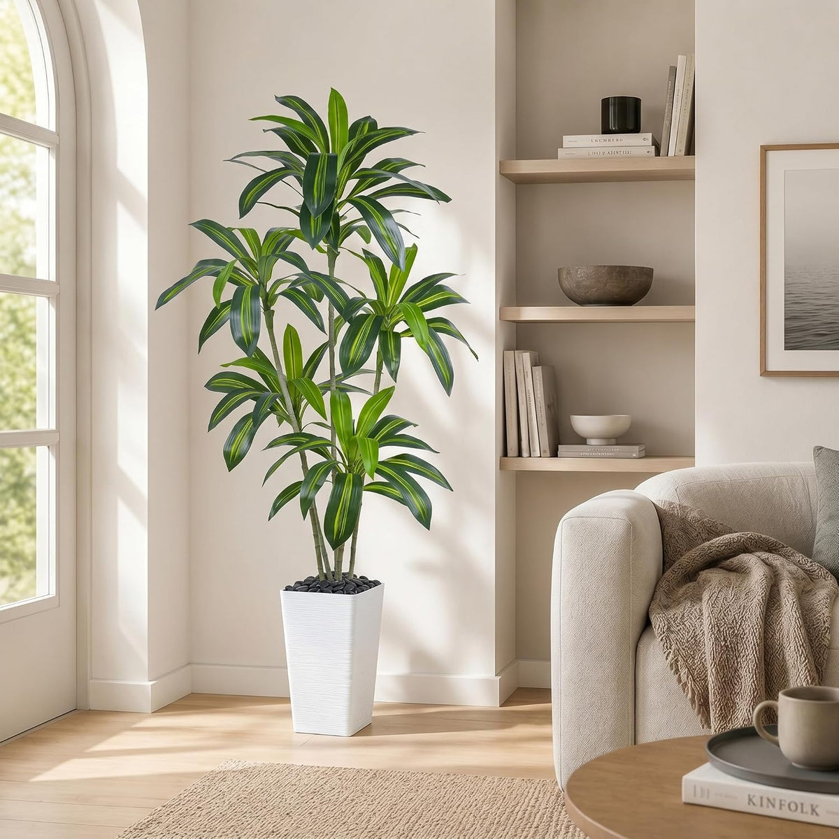 Artificial Dracaena Tree 6FT Tall Faux Indoor Plant White Planter FOSHOI Decor