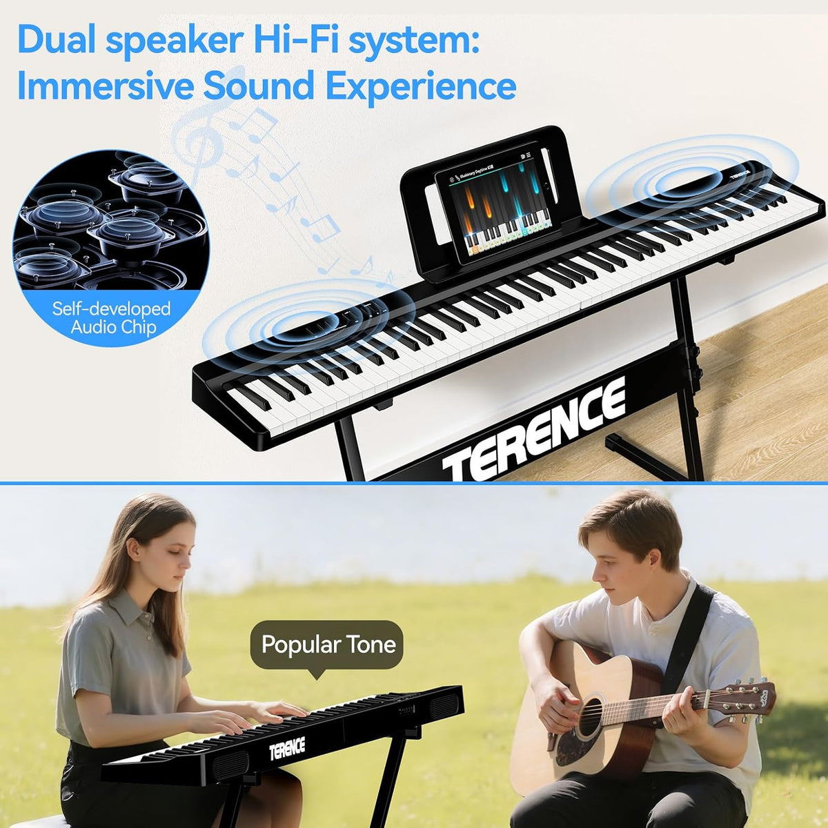 Digital Piano Keyboard 88 Keys Folding Portable Electric Stand Black TERENCE