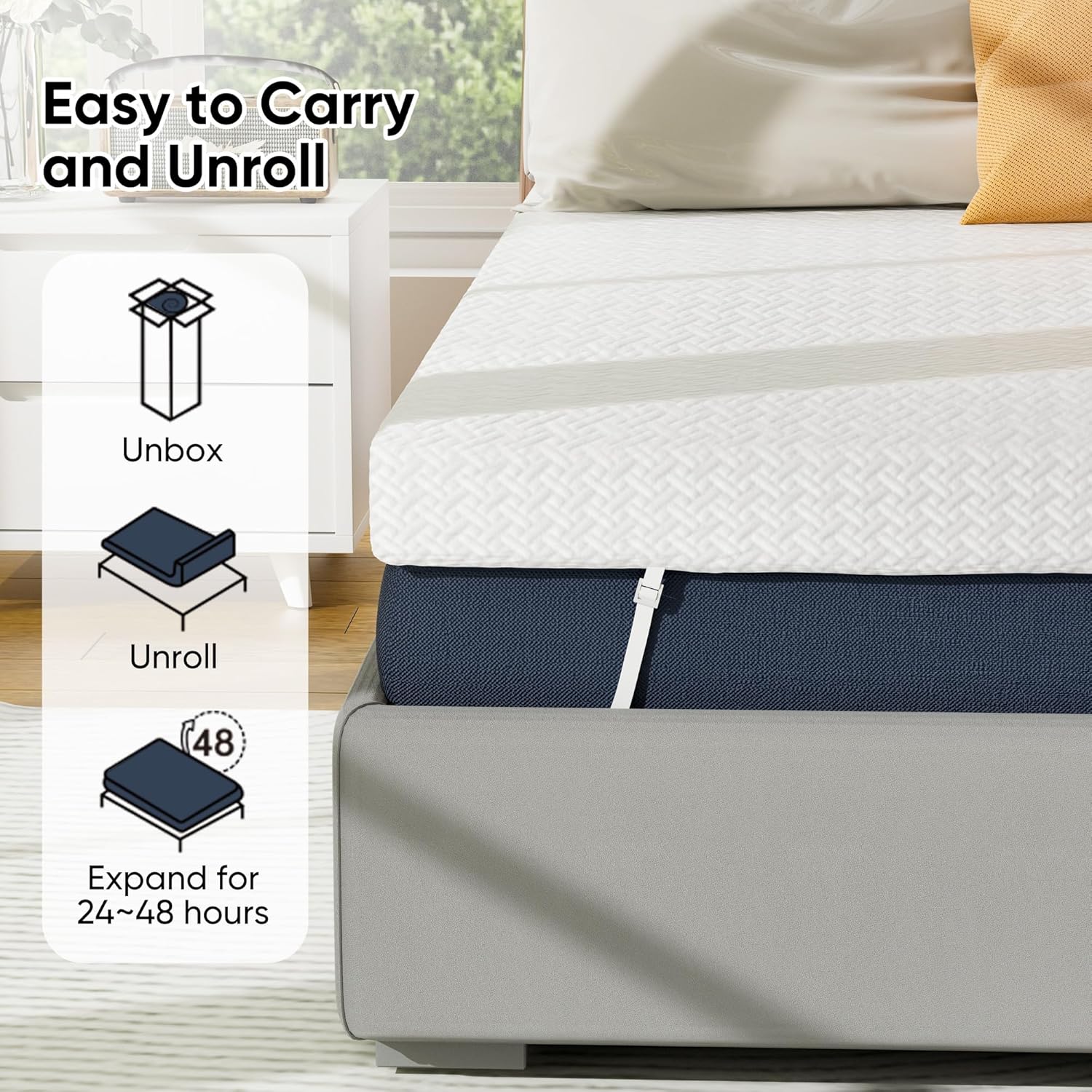 Mattress with unboxing and setup instructions on a bed