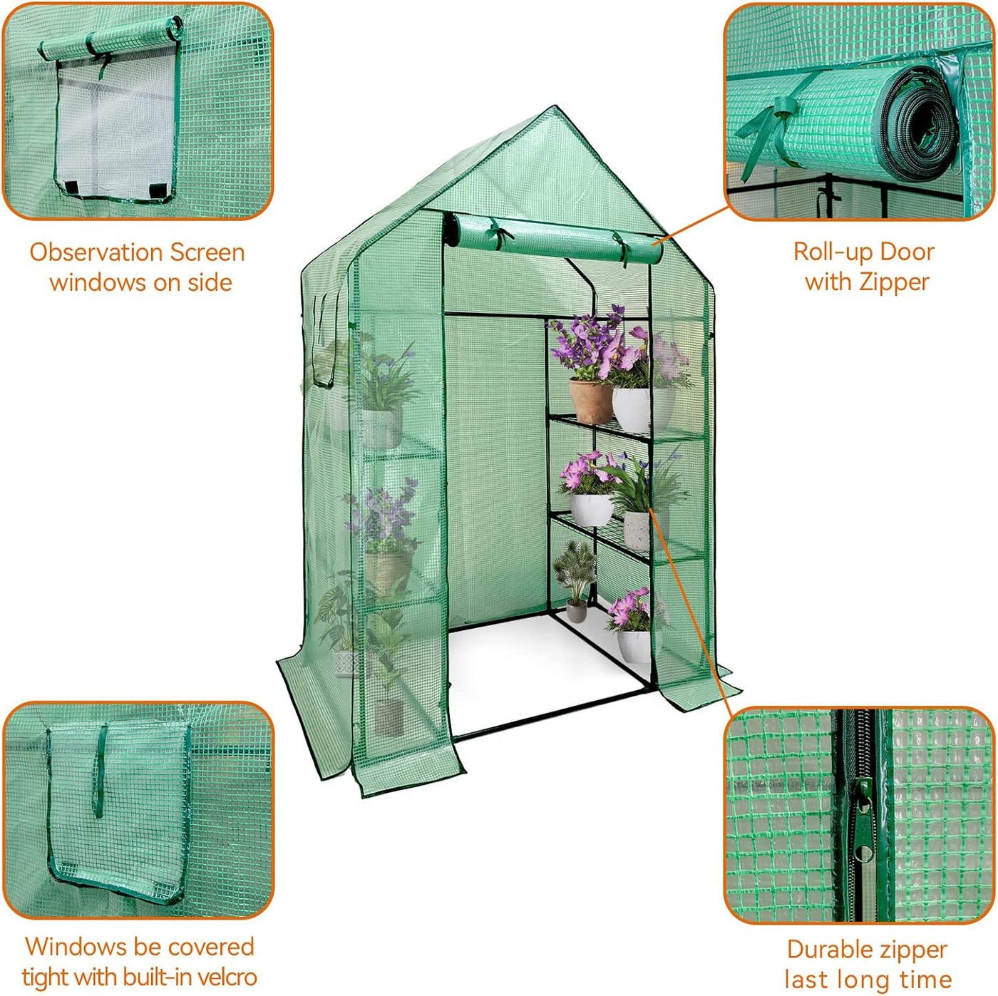 Grandhom Walk-In Greenhouse with Shelves, 3-Tier, PE Cover, 143x73x195cm, Stable