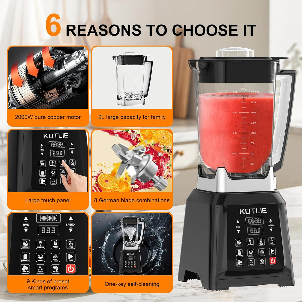 Blender Smoothie Maker 2000W 2L High Speed 8 Presets Ice Crusher Auto Clean Timer