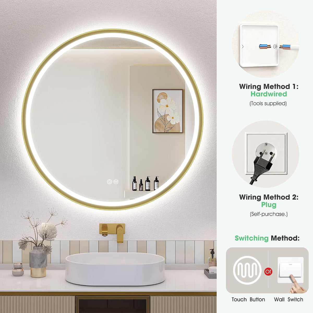 LED Bathroom Mirror 800mm Round Gold Dimmable Demister 3 Colour S'bagno