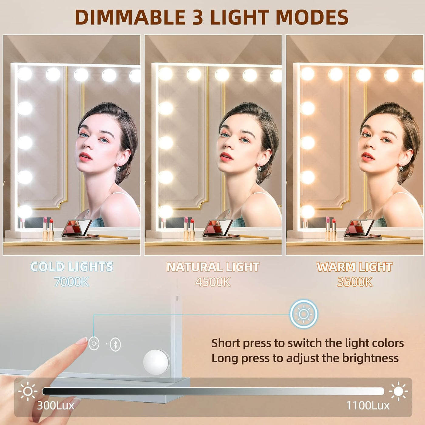Makeup Mirror 58x46cm 15 LED Bulbs Bluetooth Hollywood Vanity FENCHILIN Lighted