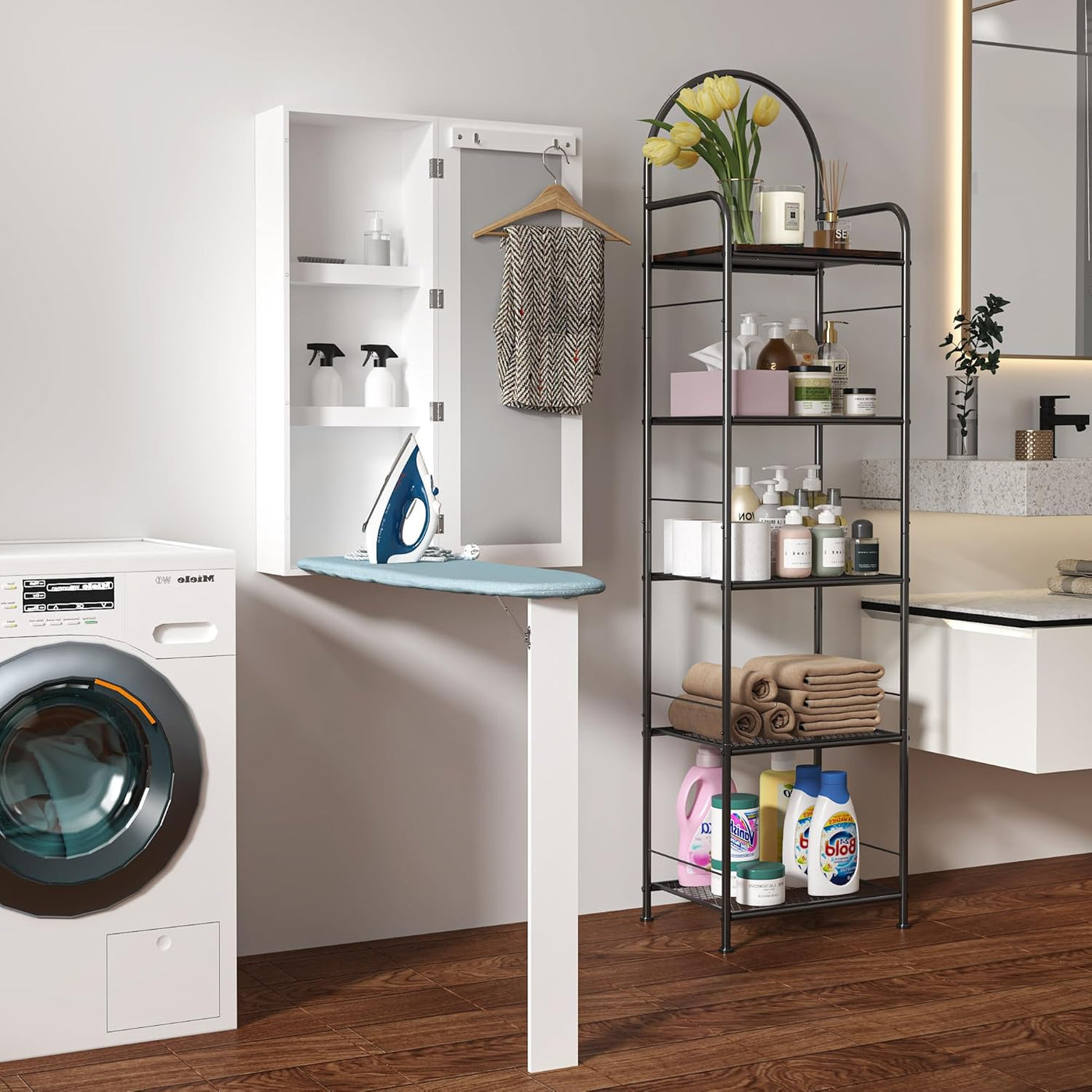 Wall Mounted Ironing Board Cabinet Foldable Iron Storage Mirror Space Saving