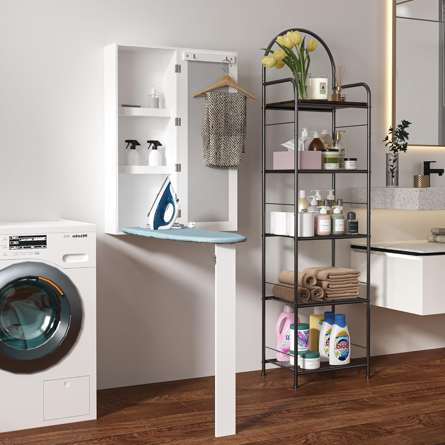 Wall Mounted Ironing Board Cabinet Foldable Iron Storage Mirror Space Saving