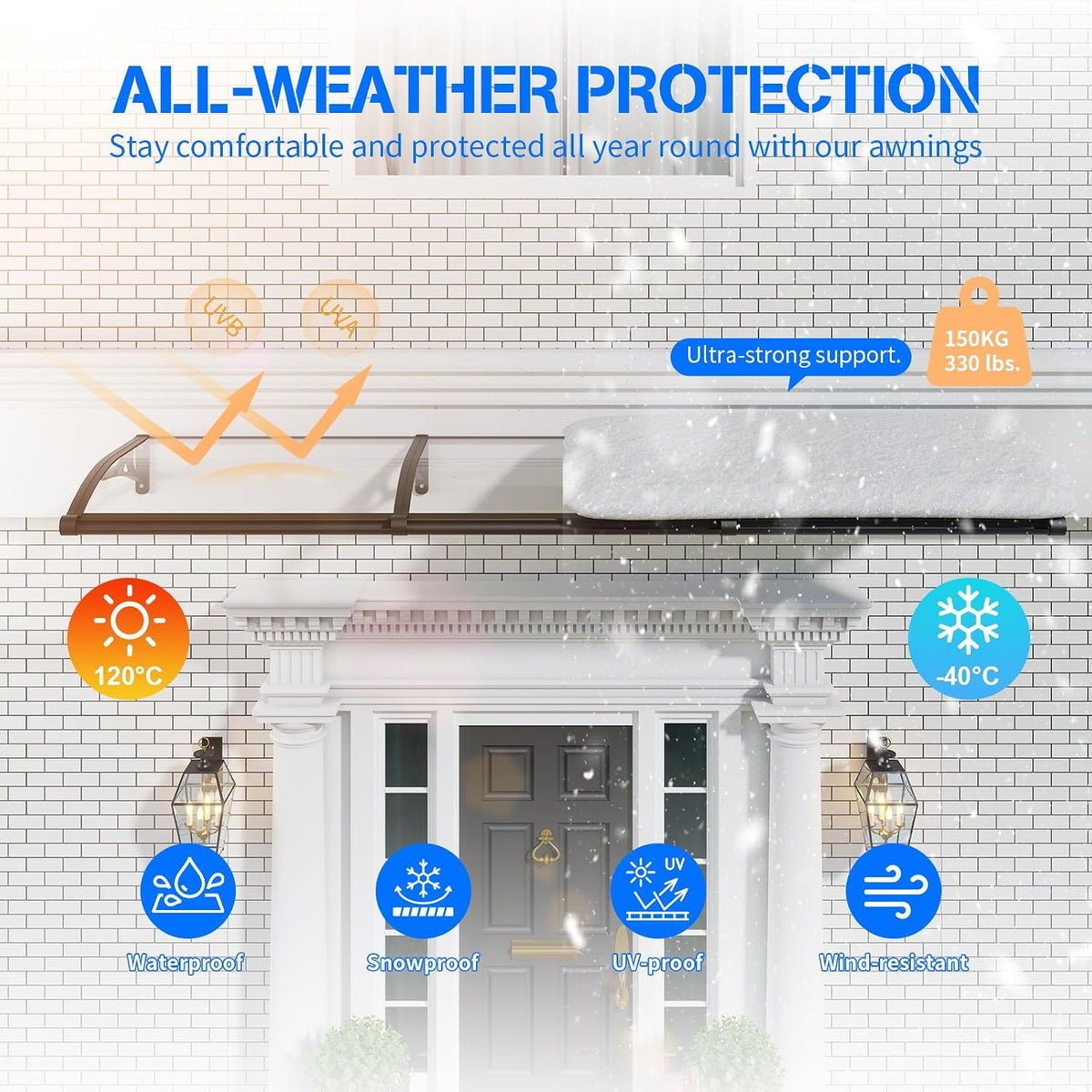 Door Canopy Awning 32 x 80 inch Polycarbonate Aluminium UV Rain Snow Protection