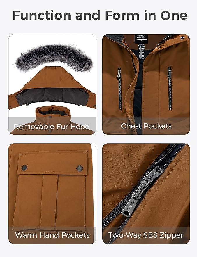 Brown jacket with features including a removable fur hood, chest pockets, warm hand pockets, and a two-way SBS zipper.