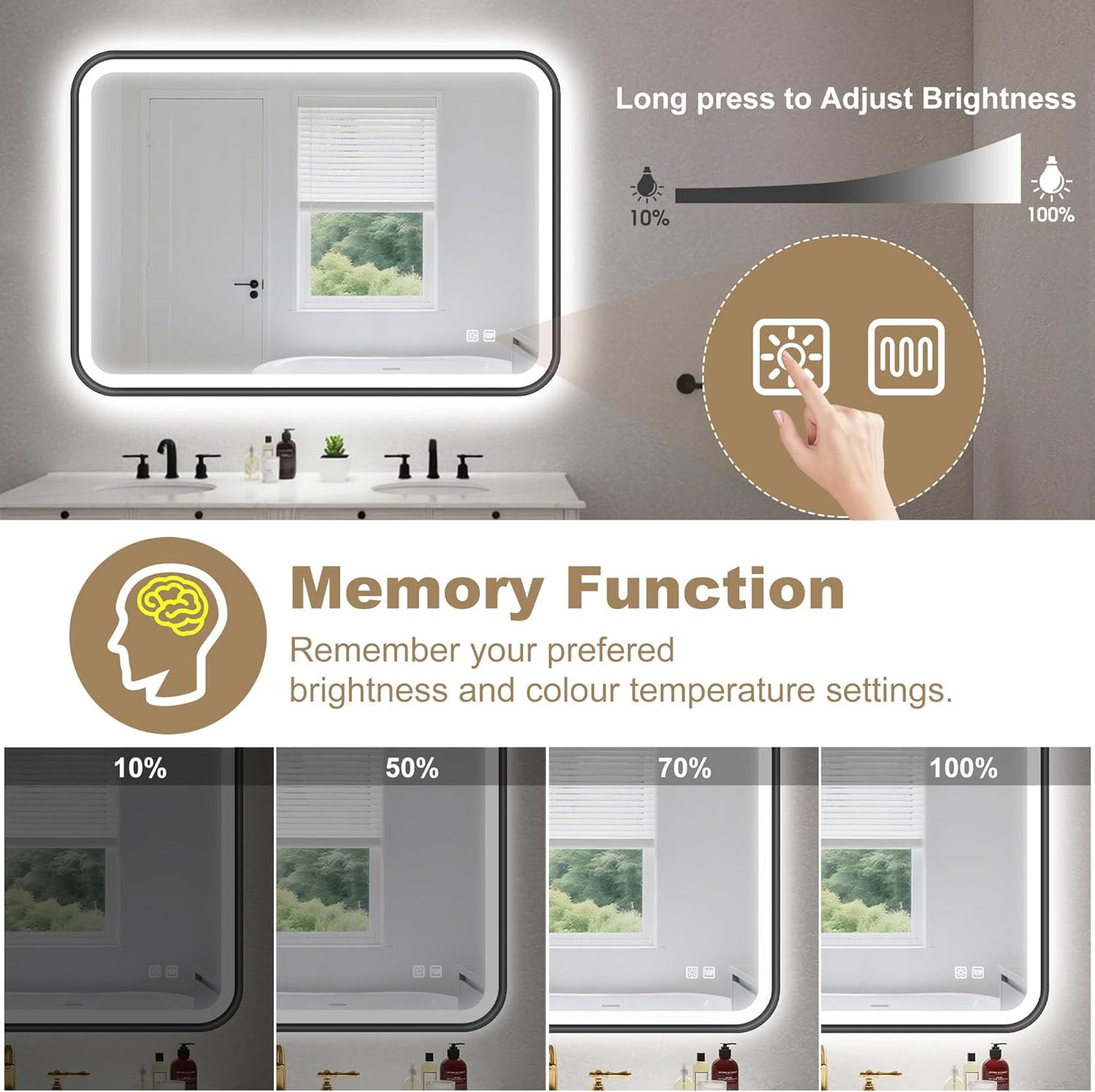 Bathroom mirror with LED lighting control panel and memory function display.