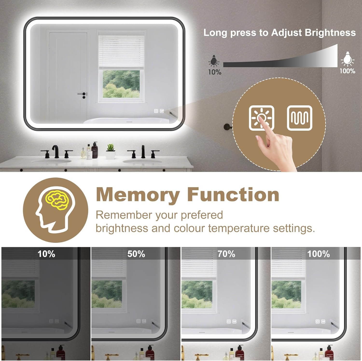 Bathroom mirror with LED lighting control panel and memory function display.