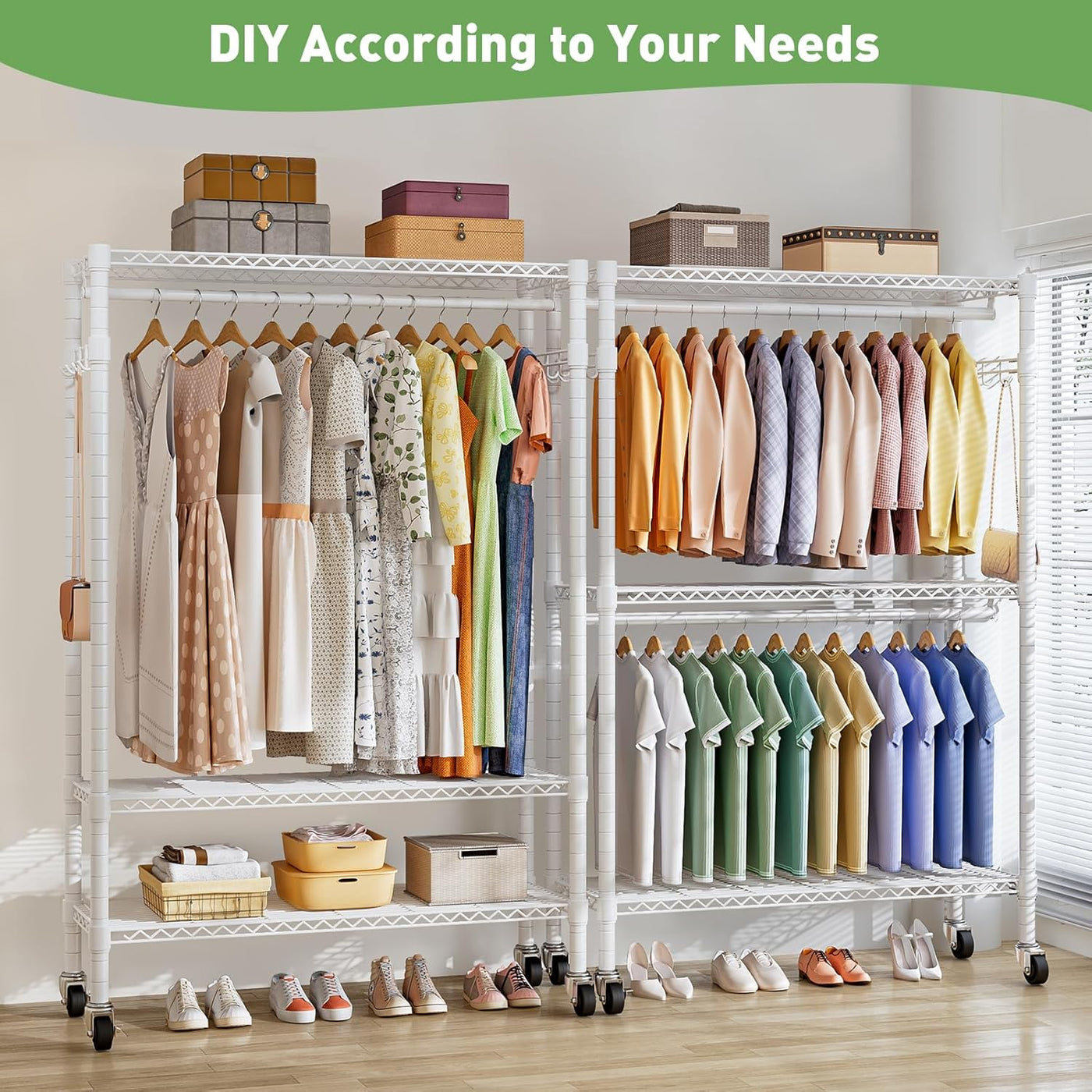 Clothing rack with clothes and shoes on a wooden floor, with text 'DIY According to Your Needs' at the top.