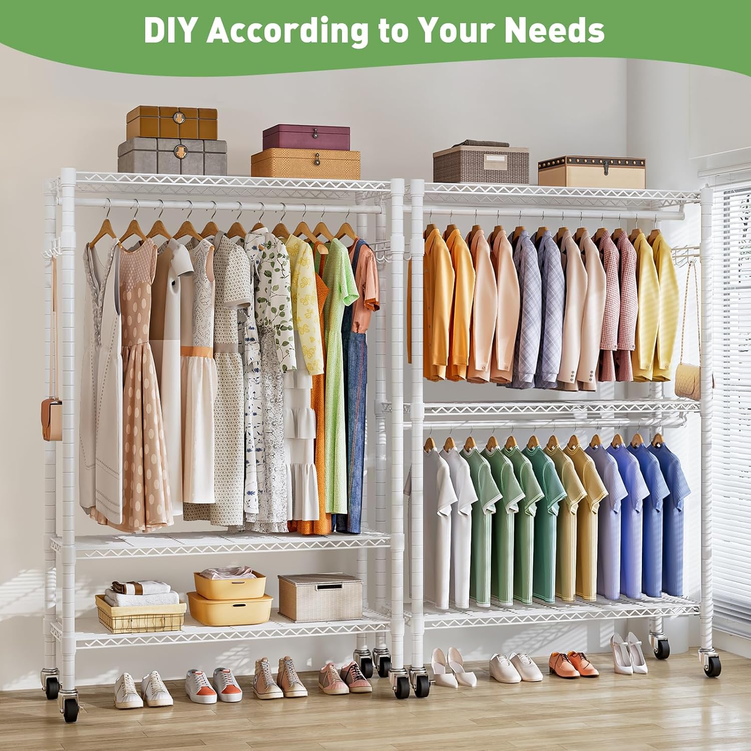 Clothing rack with clothes and shoes on a wooden floor, with text 'DIY According to Your Needs' at the top.