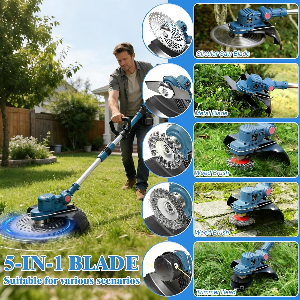 Cordless Strimmer 750W 21V Brushless 5 in 1 2x4Ah Batteries Makita Compatible