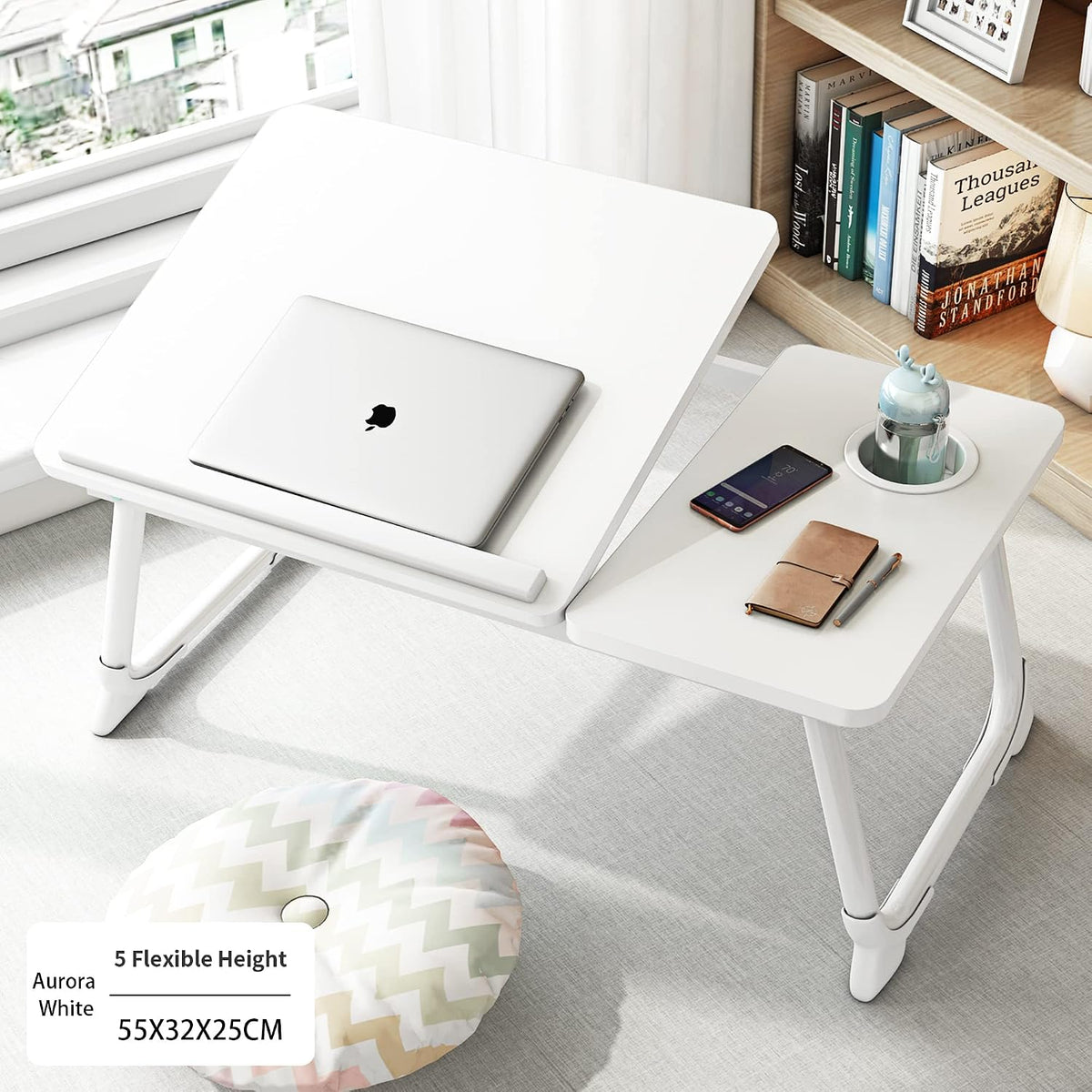 Laptop Bed Table Foldable Legs Cup Slot Reading Notebook Stand White Desk Tray