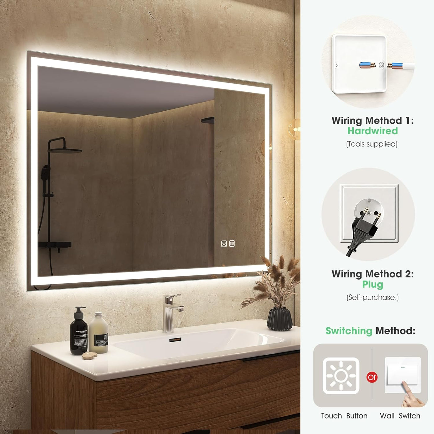 Bathroom vanity with illuminated mirror, wiring methods, and switching methods displayed.
