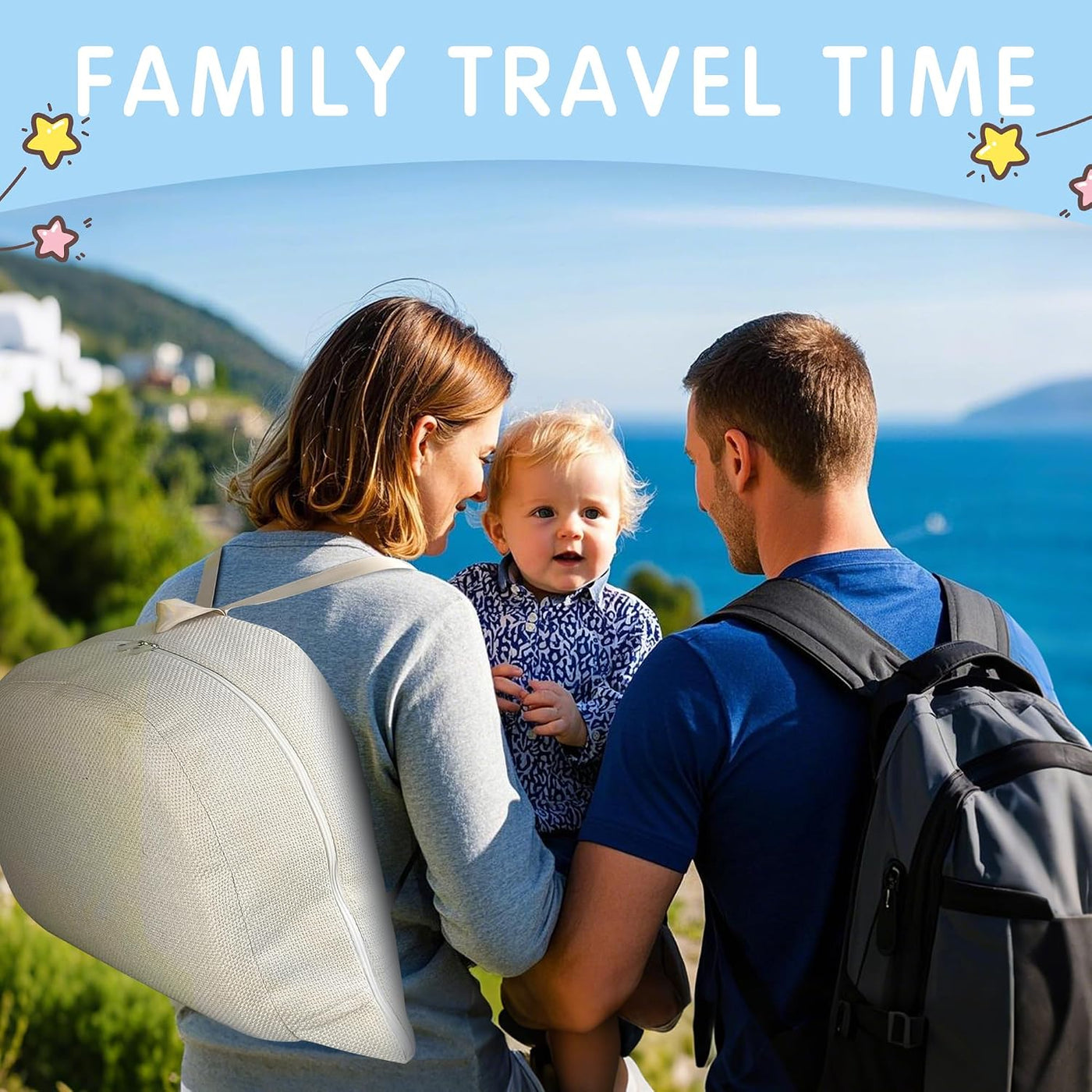 A family of three is seen from behind, hiking outdoors with the ocean and hills in the background. The woman wears a light gray backpack, the man wears a dark gray backpack, and the toddler wears a blue patterned outfit.