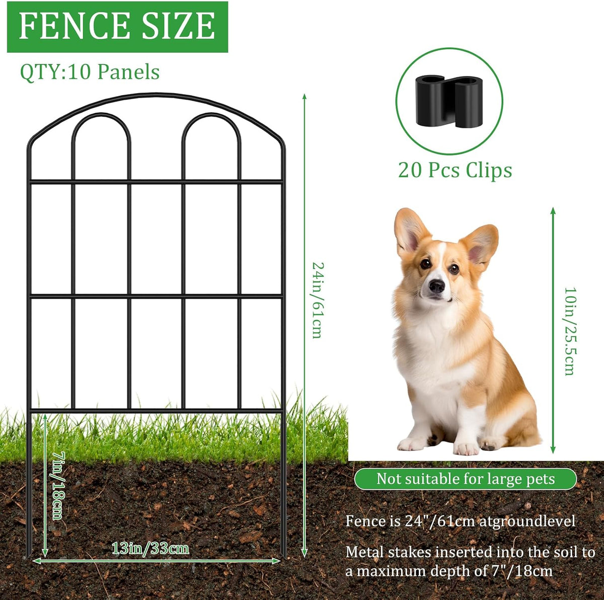 Garden Fence 10 Panels No Dig Picket Fence Outdoor Animal Barrier LIANTRAL