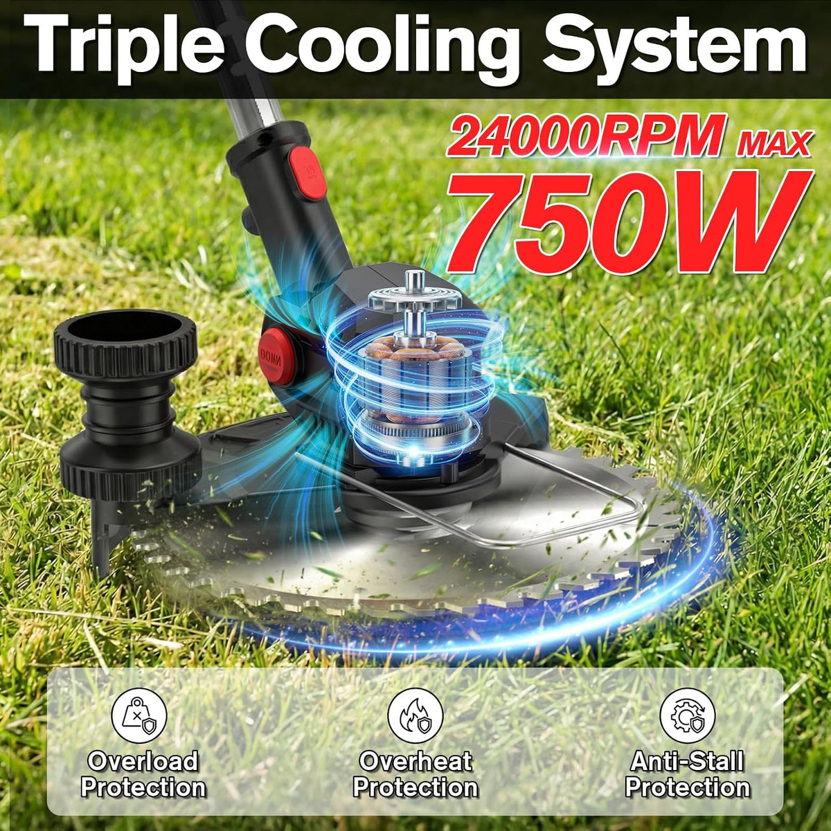 Cordless Strimmer 750W 24000RPM 2x2Ah Batteries Wheels Metal Blades LCD Display