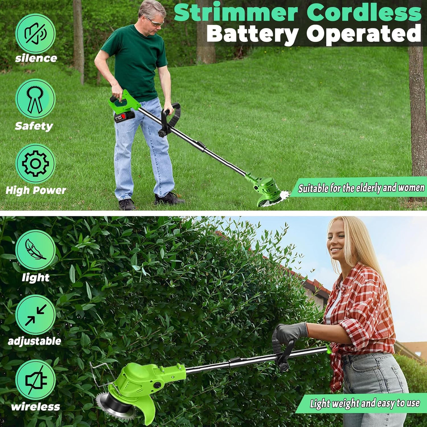 Cordless Garden Strimmer with Blades, Telescopic Brush Cutter, 2x24V Batteries