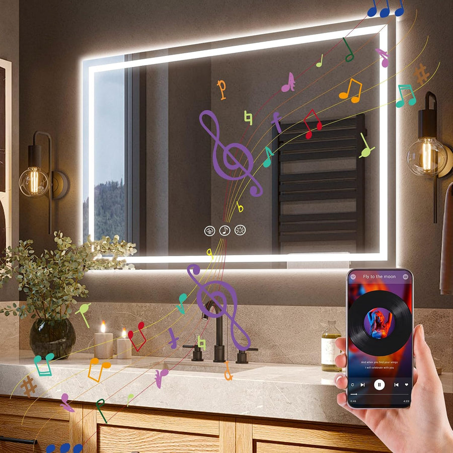 LED Bathroom Mirror 100x70cm Bluetooth Anti Fog Dimmable Frontlit Ratsamee