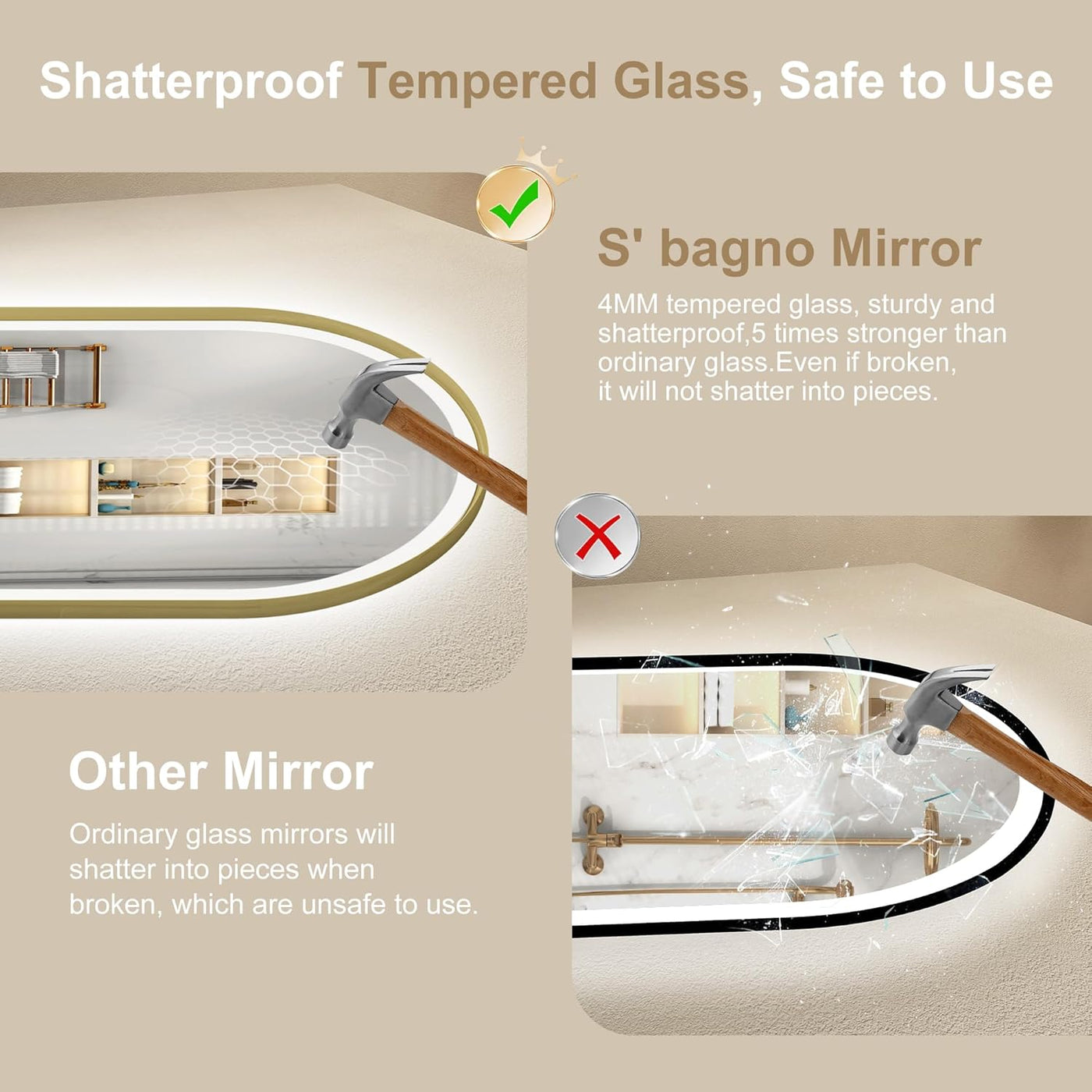 Comparison of shatterproof tempered glass mirror with ordinary glass mirror showing safety benefits.