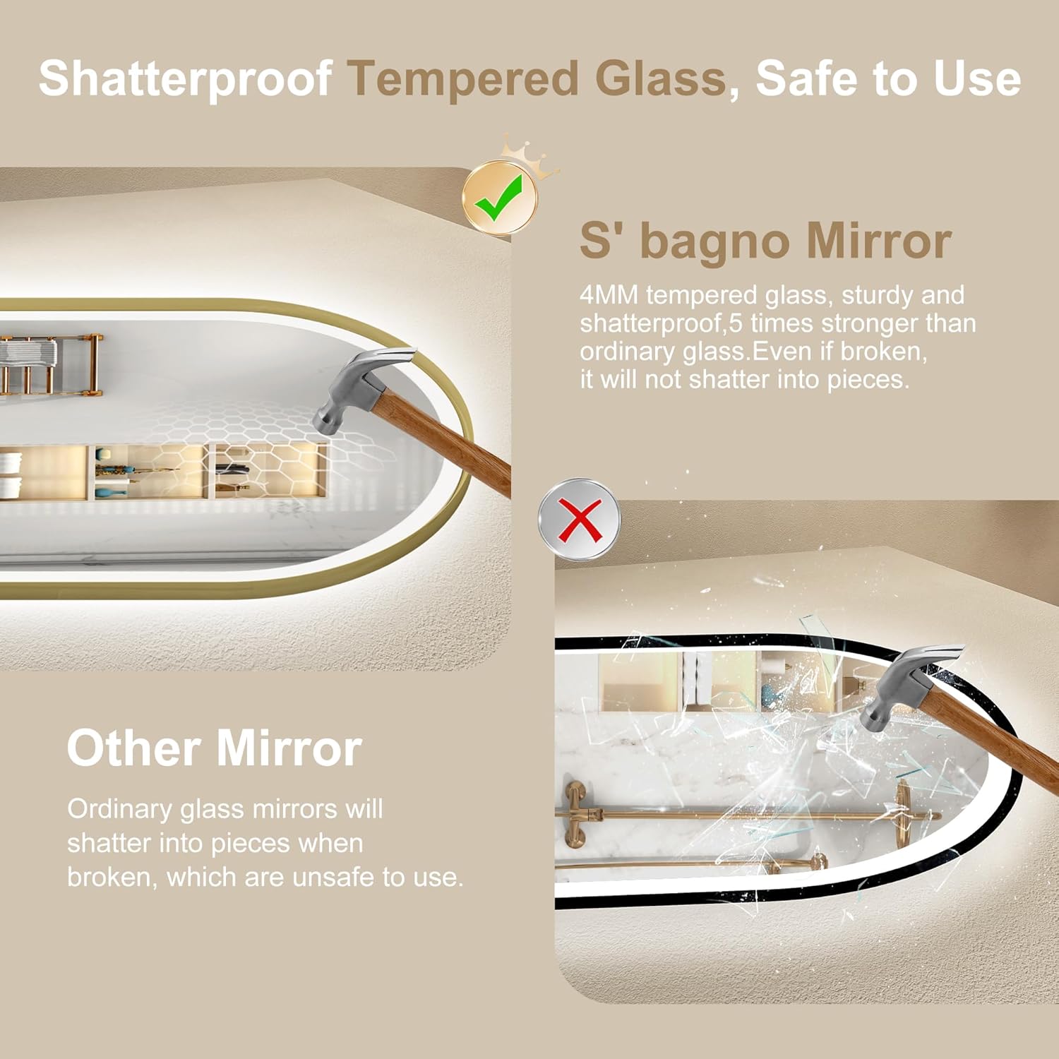 Comparison of shatterproof tempered glass mirror with ordinary glass mirror showing safety benefits.