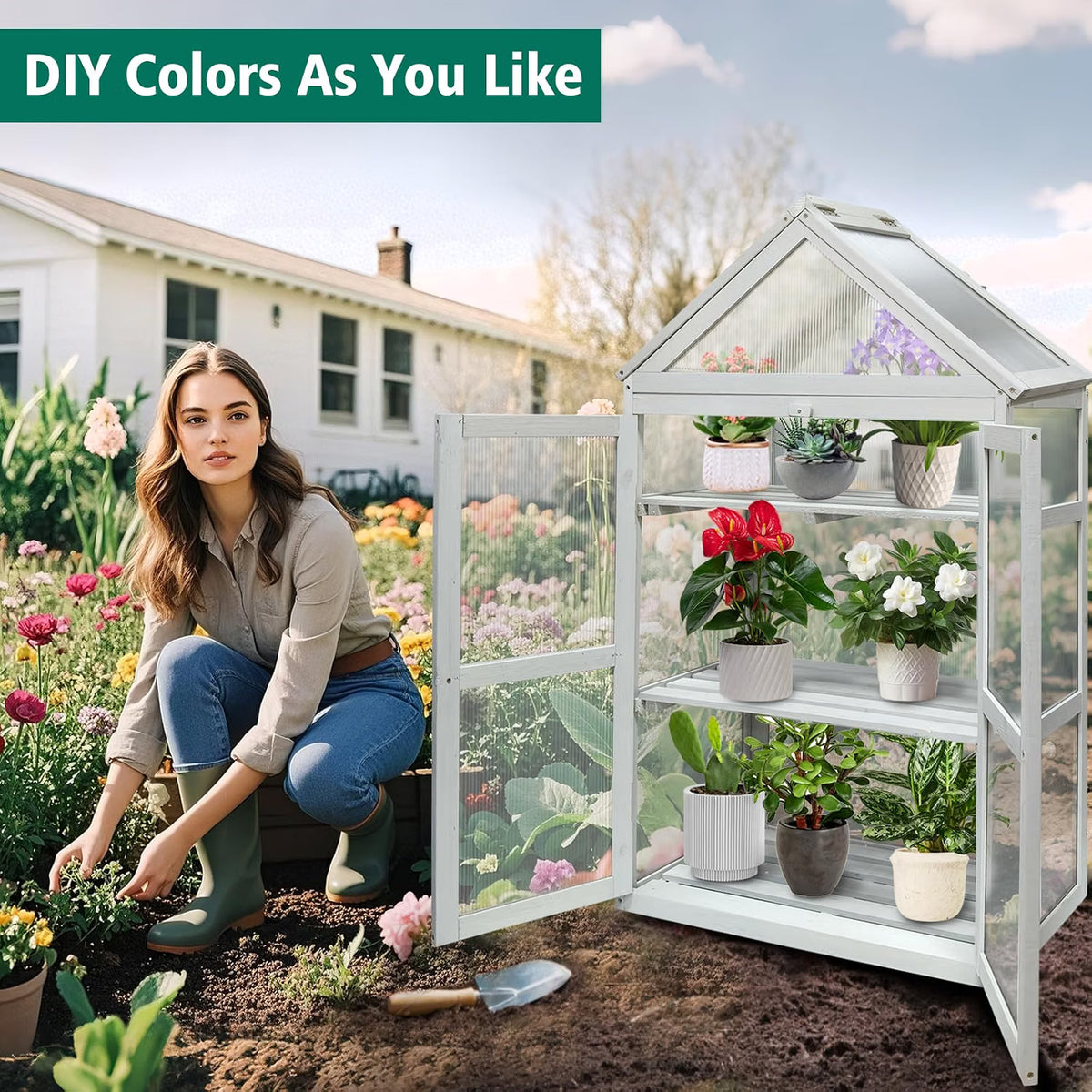 Wooden Greenhouse Cabinet 3 Tier Plant Stand Polycarbonate Panels Discoball Garden